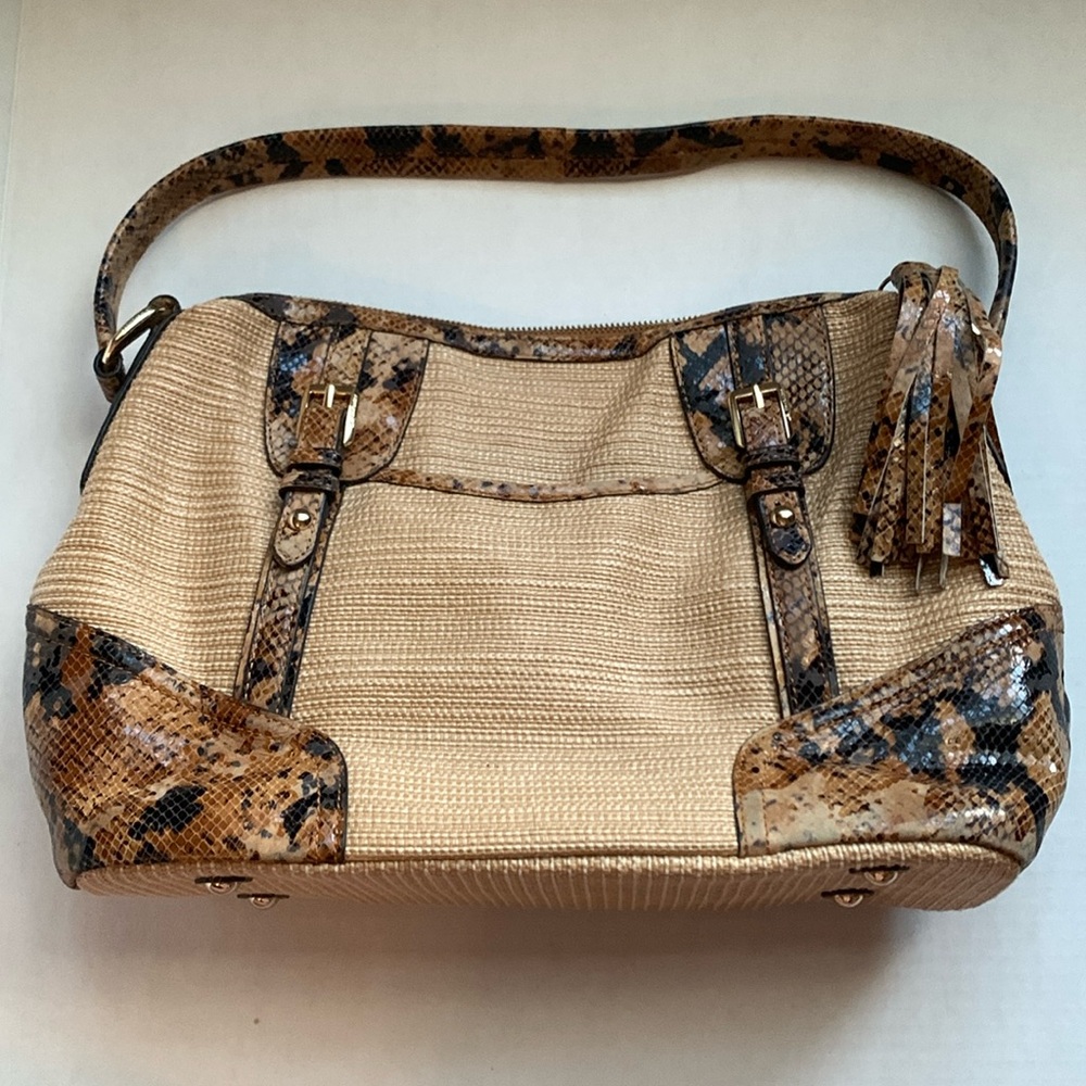 B Makowsky Leather Snake Print & Woven Jute Large Shoulder Bag Tassel Pockets
